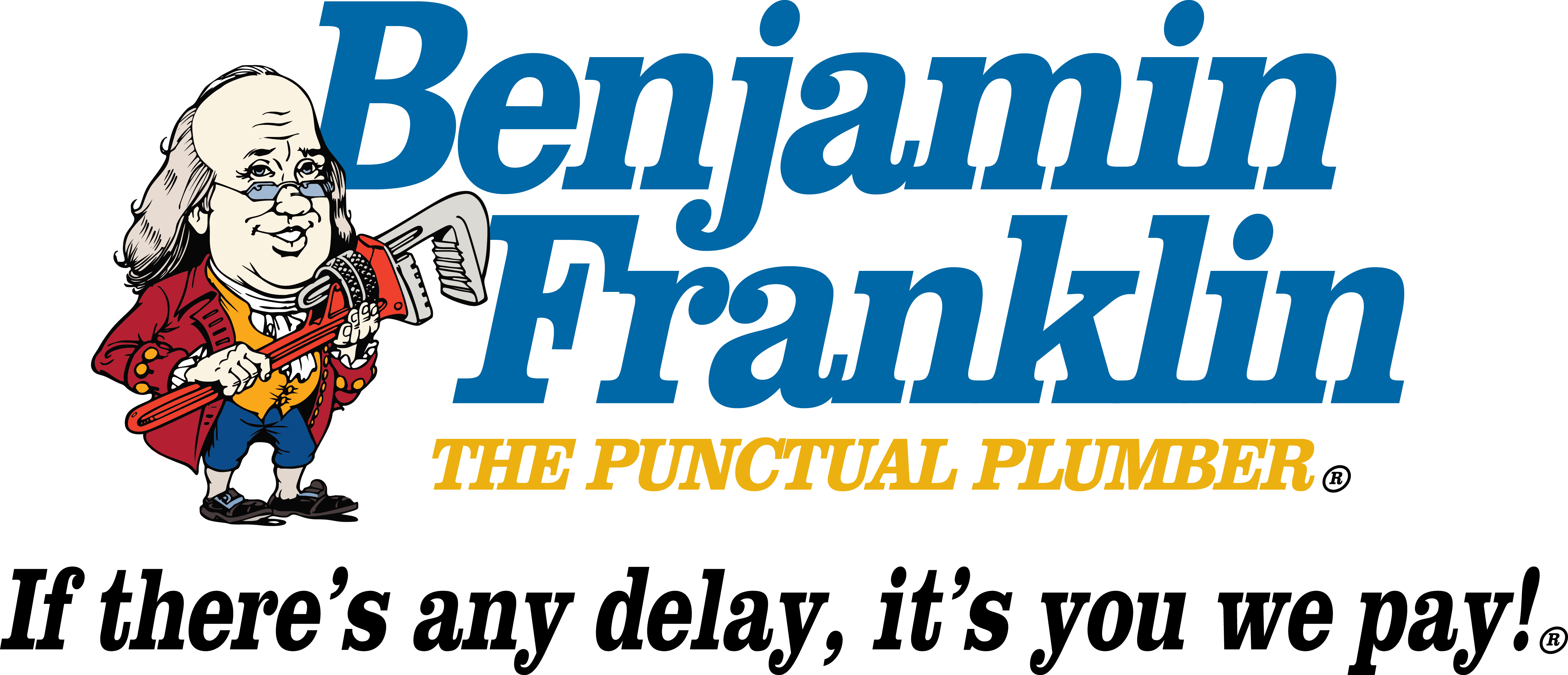Benjamin Franklin in blue text below in yellow The Punctual Plumber. Next to it a cartoon man