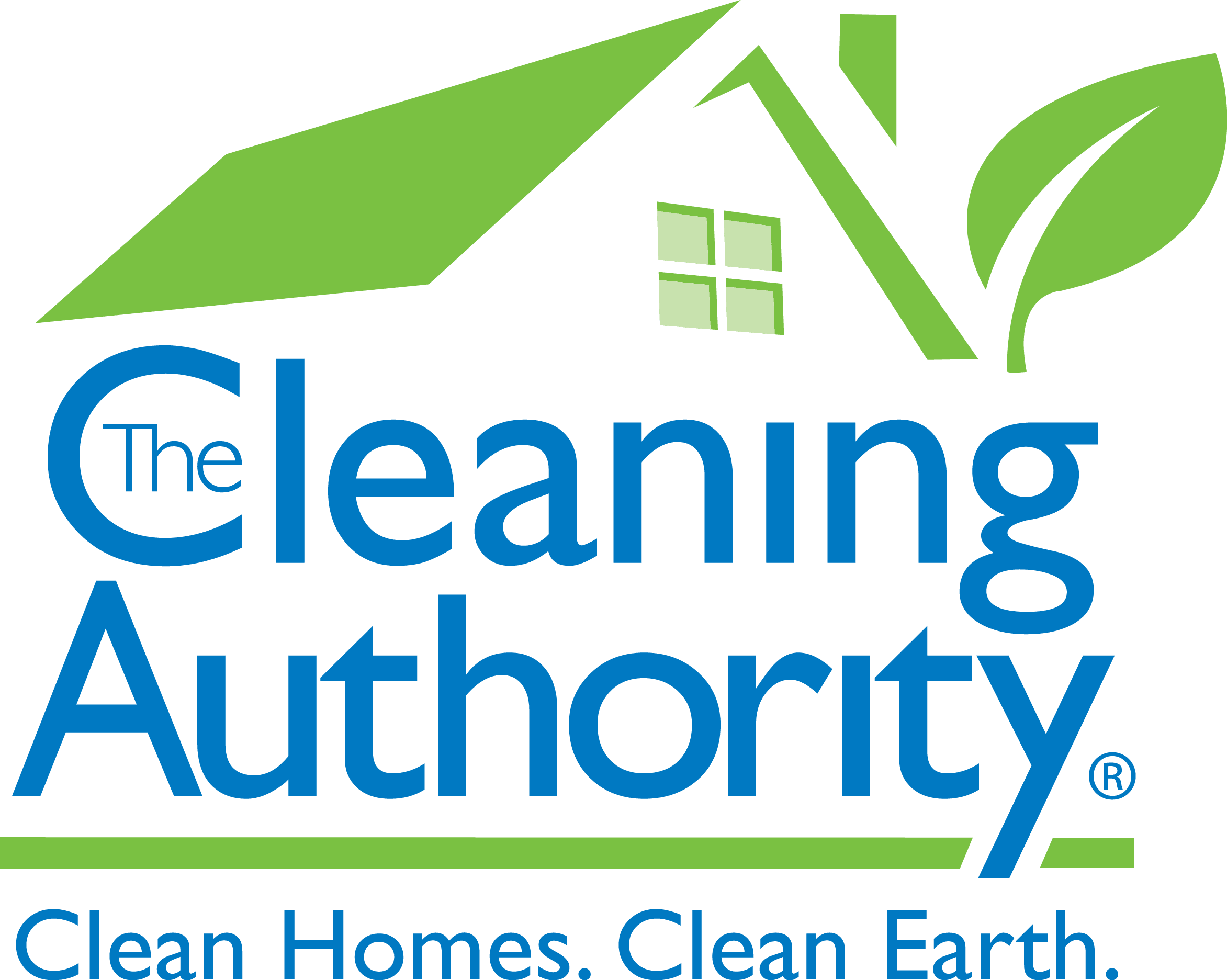 A house outline in green with blue text in the middle saying The Cleaning Authority. Clean Homes. Clean Earth