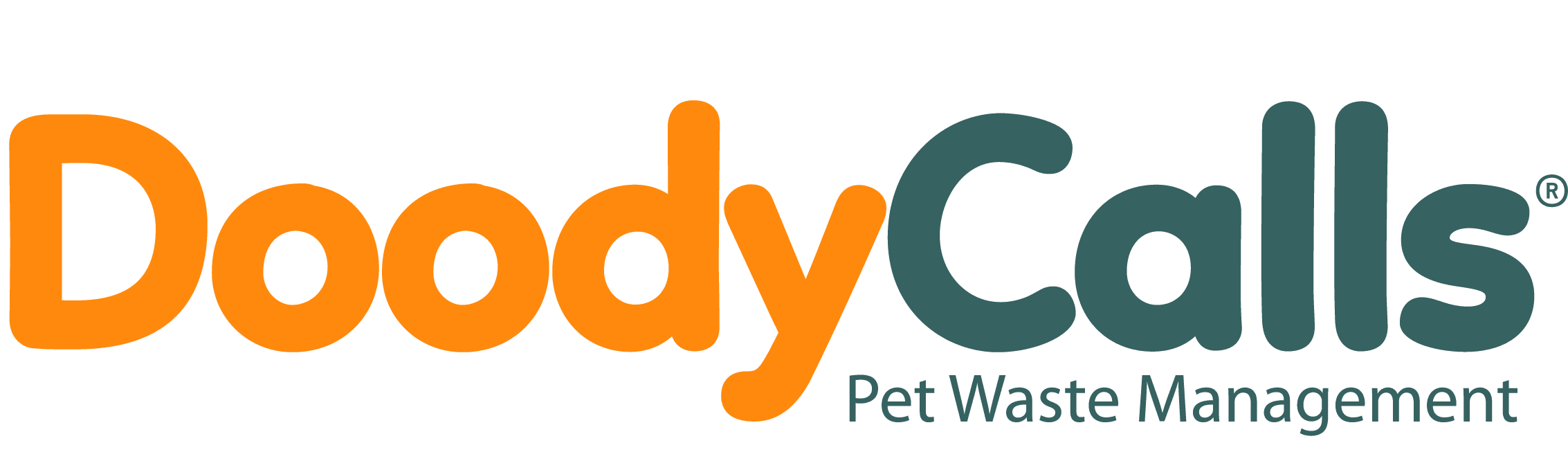 The text Doody in orange Calls in dark green and below the word calls, Pet Waste Management in dark green