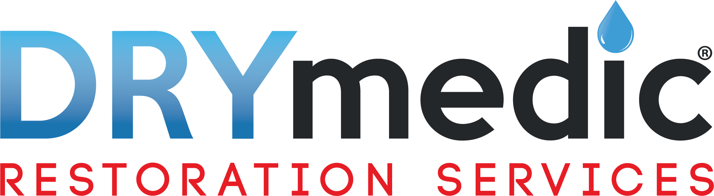 The text DRY in light blue next to the word medic in black with a rain drop replacing the dot above where the I is in medic. Below written in red the words Restoration Services