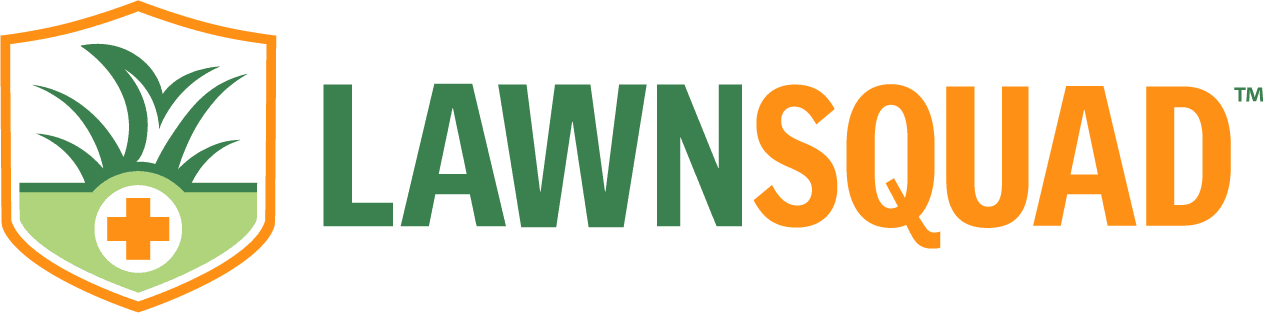 The text Lawn in dark green with the work Squad next to it in orange with grass next to the text