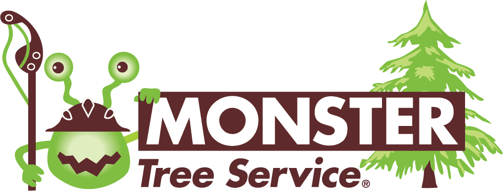 The text Monster Tree service in white over a brown box next to a green tree and a green and brown cartoon monster