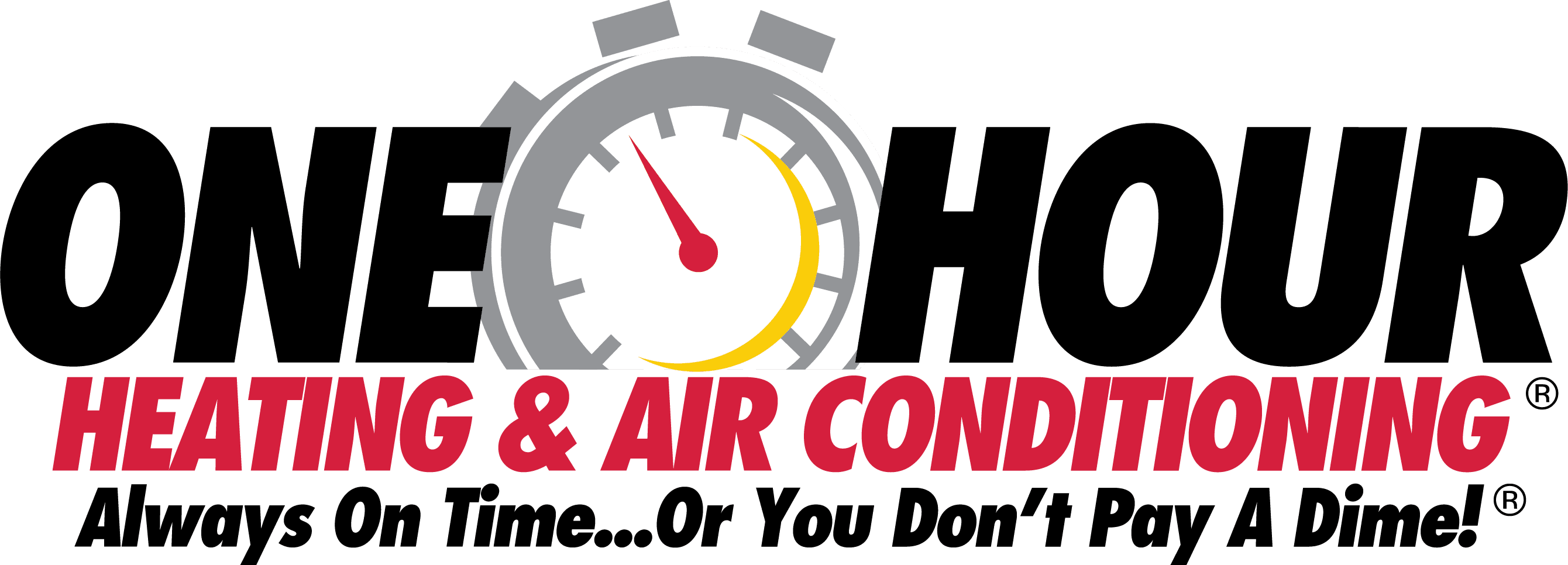 One Hour written in balck with a clock in the middle and heating and air conditioning written in red