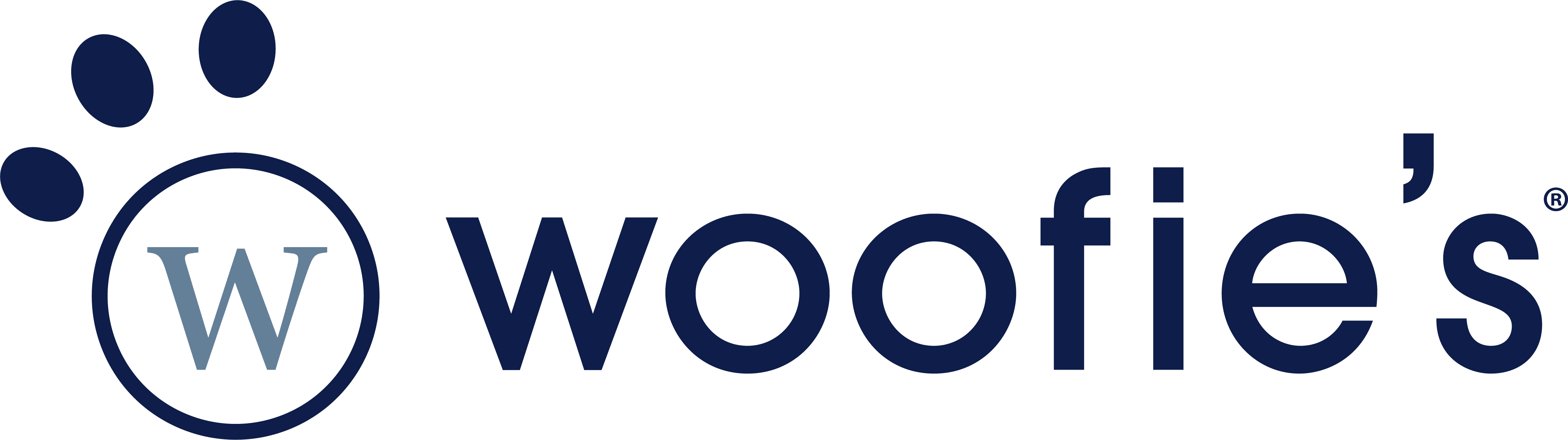 The text in dark blue Woofie's with a paw print with a W in the middle