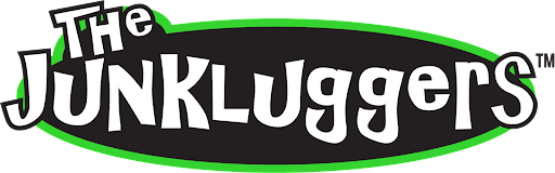 The words The Junkluggers written in white on top of a black circle background with a light green around it