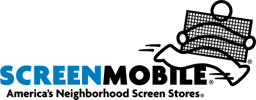 Screen written in light blue next to mobile in black. Below it says America's neighborhood Screen Stores with a cartoon person running with a screen