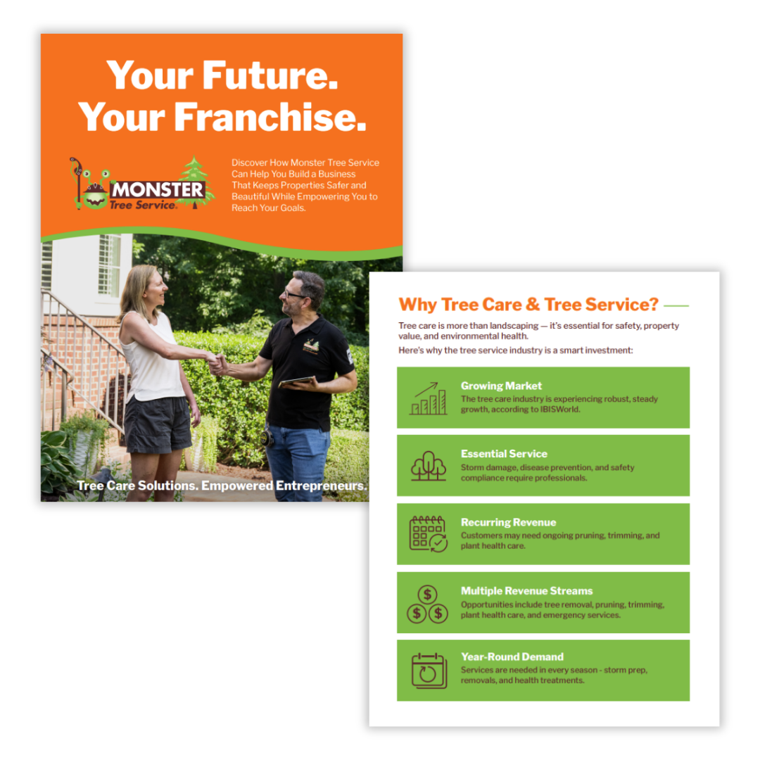 Preview with two pages of the Monster Tree Service franchise guide.